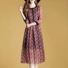 3/4-sleeve Patterned A-line Chiffon Midi Dress