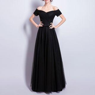 Off-shoulder Short-sleeve Evening Gown