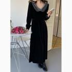 Long-sleeve Mesh Panel Velvet Midi A-line Dress Black - One Size