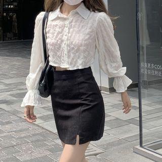 Puff-sleeve Open Back Blouse / Slit Mini Skirt