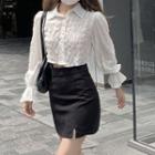 Puff-sleeve Open Back Blouse / Slit Mini Skirt