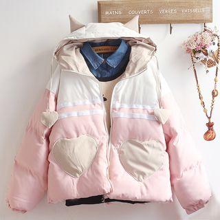 Heart Embroidered Hooded Zip Padded Jacket/ Mock Two-piece Animal Print Pullover/ Set