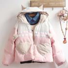 Heart Embroidered Hooded Zip Padded Jacket/ Mock Two-piece Animal Print Pullover/ Set
