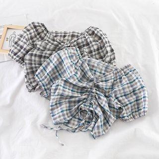 Plaid V-neck Drawstring Blouse