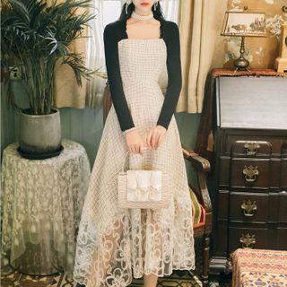 Long-sleeve Paneled Midi A-line Tweed Dress