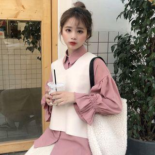 Set: Balloon-sleeve Blouse + Open Back Crop Vest