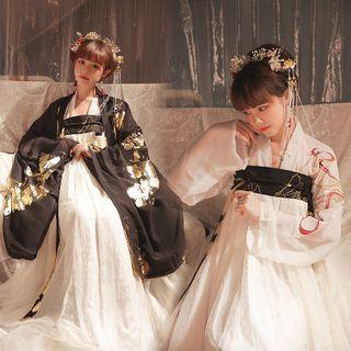 Embroidered Hanfu Blouse / Printed Light Jacket / Strapless Maxi A-line Dress / Set