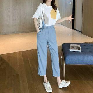 Set: Short Sleeve Color Block T-shirt + Cropped Wide-leg Pants