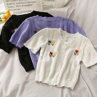 Flower-embroidered Button-down Open-knit Top