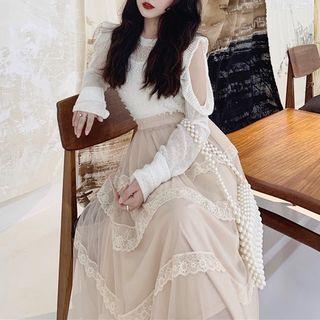 Cut-out Blouse / Lace Trim Midi A-line Skirt