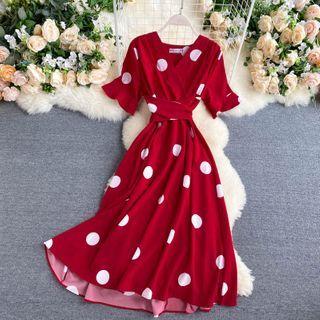 Ruffle Short-sleeve V-neck Dot Dress