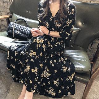3/4-sleeve Floral Maxi Surplice-wrap Dress