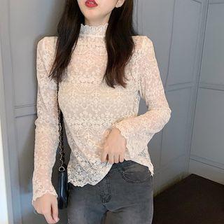 Mock Turtleneck Long-sleeve Lace Top Almond - One Size