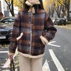 Long-sleeve Top / Knit Straight-cut Pants / Plaid Snap-buttoned Jacket