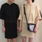 Set: Hooded Elbow-sleeve T-shirt + Striped Mini Skirt