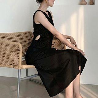 Keyhole Drawstring Sleeveless Dress Black - One Size