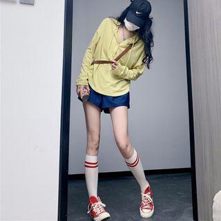 Plain Hooded Button-up Sweatshirt / High-waist Plain Wide Leg Shorts
