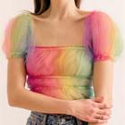 Square-neck Puff-sleeve Ruched Cropped Top