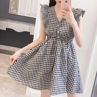 Plaid Sleeveless V-neck Ruffle A-line Dress