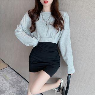 Long-sleeve Open Back Cropped T-shirt / Spaghetti Strap Wrap Mini Sheath Dress