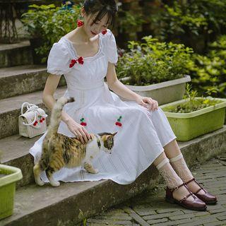 Puff-sleeve Perforated Trim A-line Midi Dress