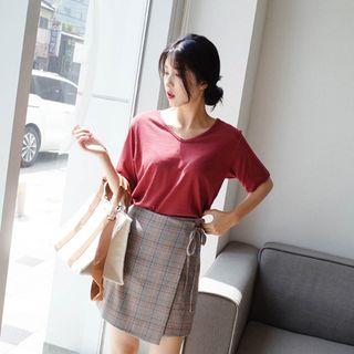 Plaid Mini Surplice-wrap Skirt