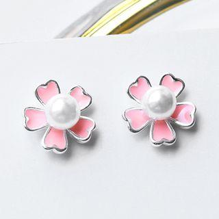 925 Sterling Silver Faux Pearl Floral Earring