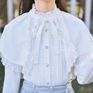 Set: Bishop-sleeve Lace Trim Blouse + Short Lace-trim Cape