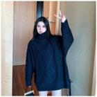 Plain Turtle-neck Loose-fit Long-sleeve Cable-sweater