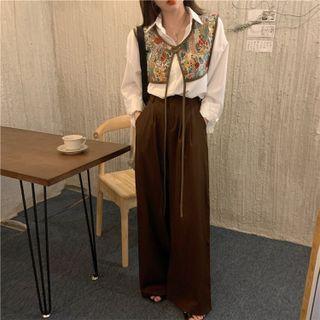 Embroidered Cropped Vest / Plain Shirt / Wide Leg Pants