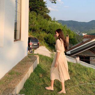 Puff-sleeve Long Peasant Dress One Size