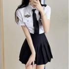 Short-sleeve Tie-neck Shirt / Pleated Mini A-line Skirt / Cap / Set
