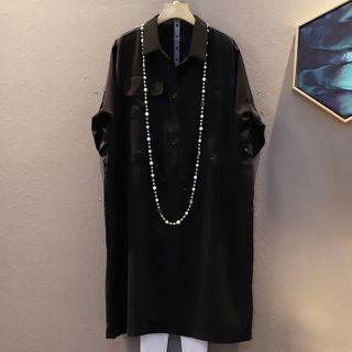 Elbow-sleeve A-line Shirtdress Black - One Size