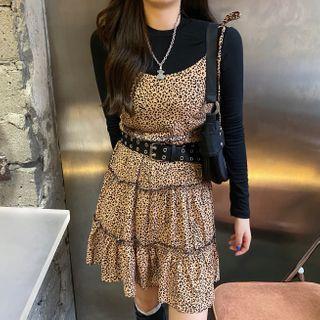 Cut-out Long-sleeve Top / Leopard Print Mini A-line Pinafore Dress