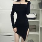 Irregular Hem Long-sleeve Mini Knit Sheath Dress