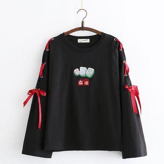 Long-sleeve Mahjong Embroidered T-shirt