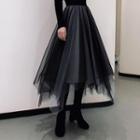 Irregular Mesh Midi A-line Skirt Black - One Size