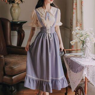 Set: Short-sleeve Blouse + Suspender Midi A-line Skirt