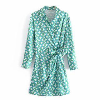 Tie-waist Print Long-sleeve Mini A-line Dress