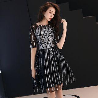 Elbow-sleeve A-line Evening Dress