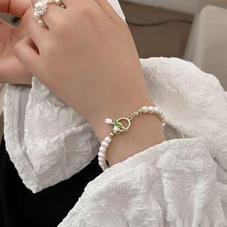 Flower Pendant Faux Pearl Bracelet White - One Size