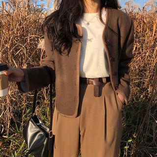 Round-neck Contrast-trim Wool Blend Jacket