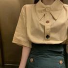 Buttoned Elbow-sleeve Blouse / High-waist A-line Skirt