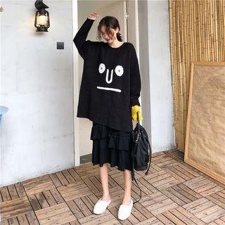Print Long-sleeve Loose-fit Knit Dress