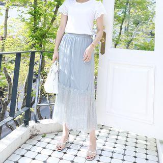 Elasticized-waist H-line Long Tulle Skirt
