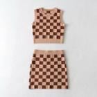 Set: Checkerboard Pattern Knit Crop Tank Top + Mini Pencil Skirt Khaki - One Size