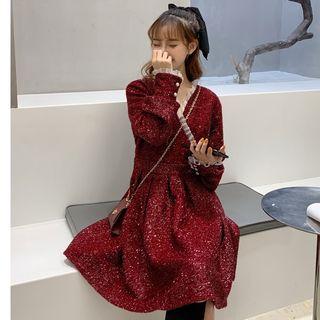 Long-sleeve Glitter Mesh Ruffle A-line Dress