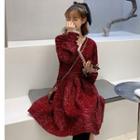 Long-sleeve Glitter Mesh Ruffle A-line Dress