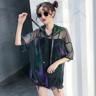 Elbow-sleeve Hooded Mesh Top