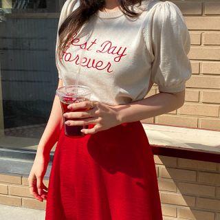 Puff-sleeve Letter Embroidered Knit Top